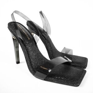Good American Black Glitter Strappy High Heels‎ Women 10 Square Open Toe Party